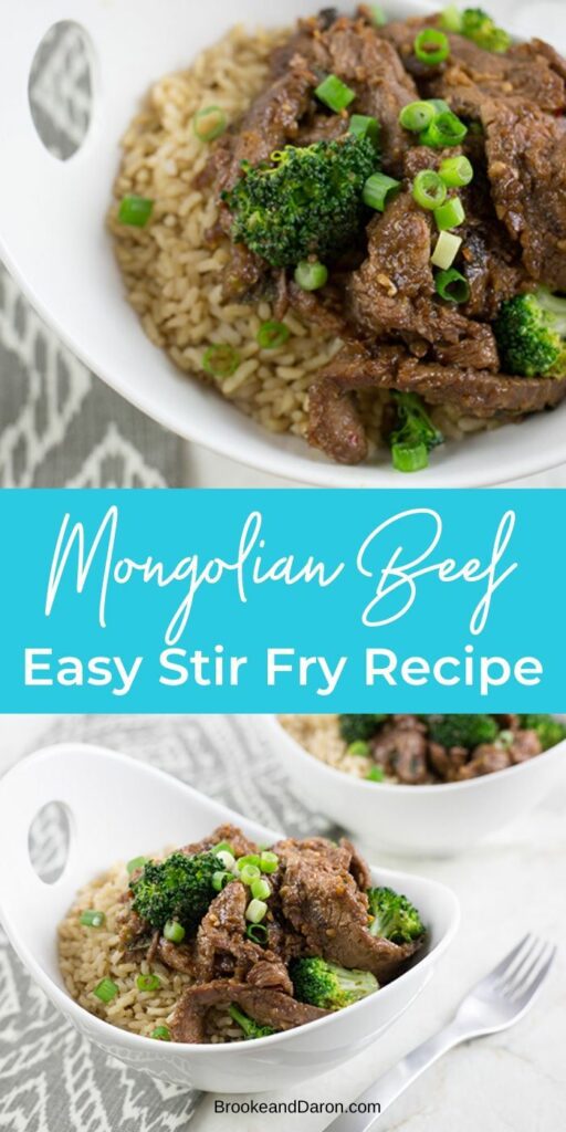 Easy Stir Fry Recipe for Mongolian Beef in large white bowls on a gray table