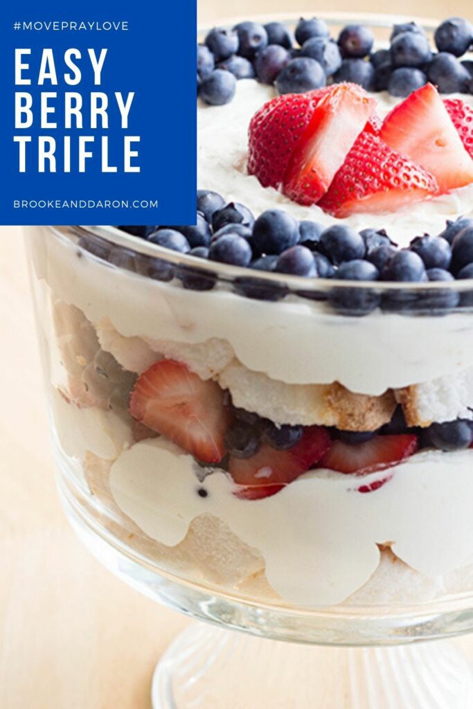 Trifle bowl filled with angel food cake and berries