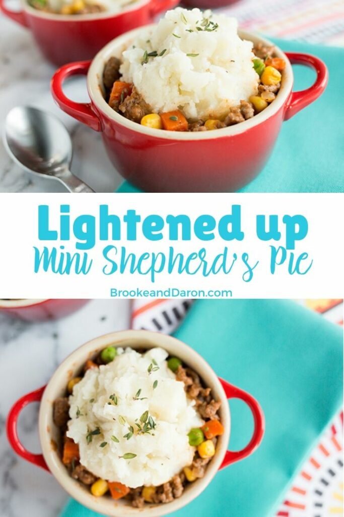 Mini shepherds pie in a small red bowl topped with mashed potatoes