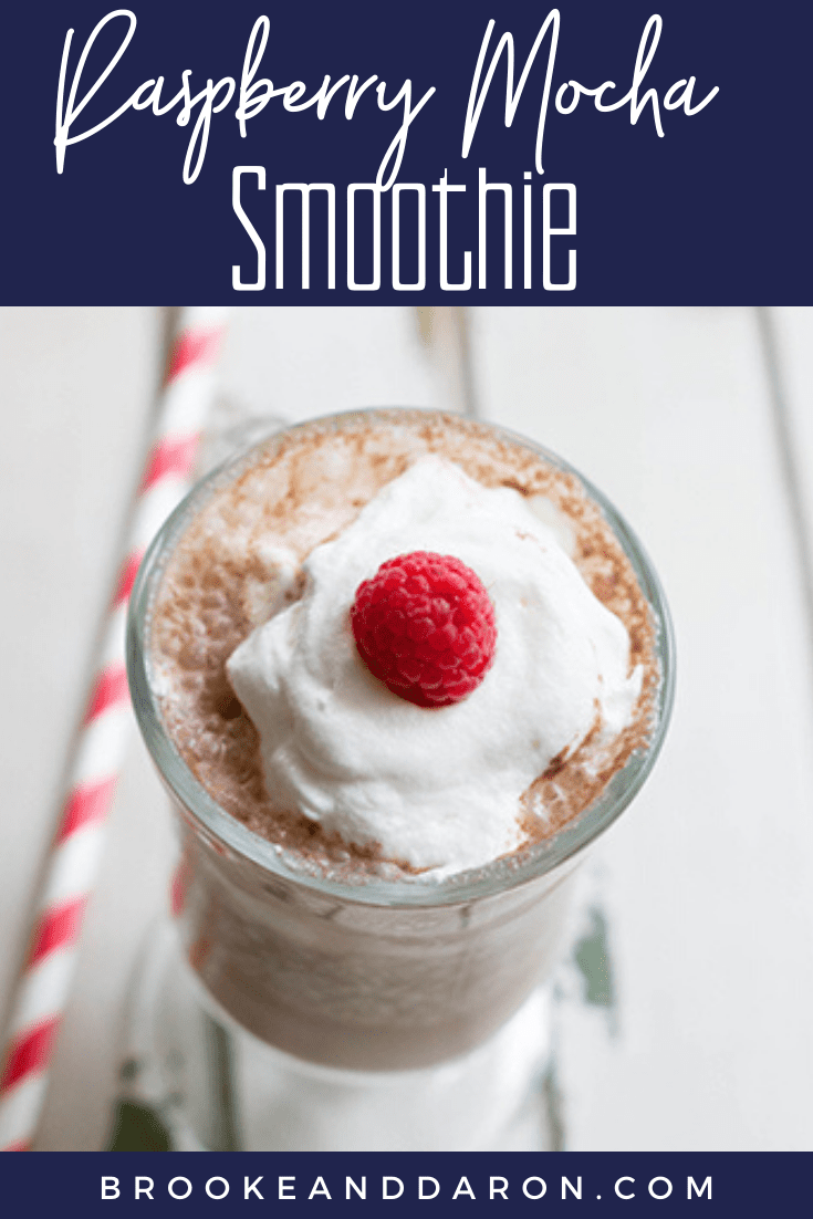 Overhead picture of a raspberry mocha smoothie topped with whipped cream and a raspberry