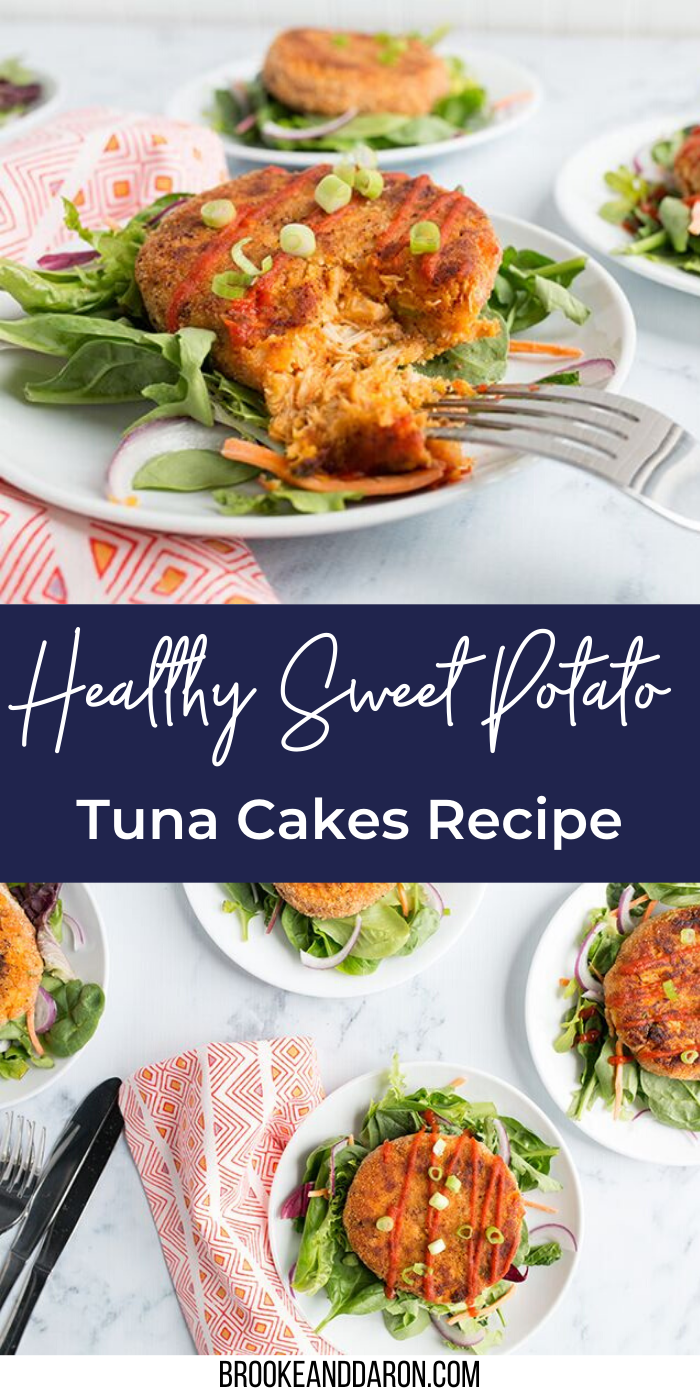 Tuna cakes on white plate with pink napkin