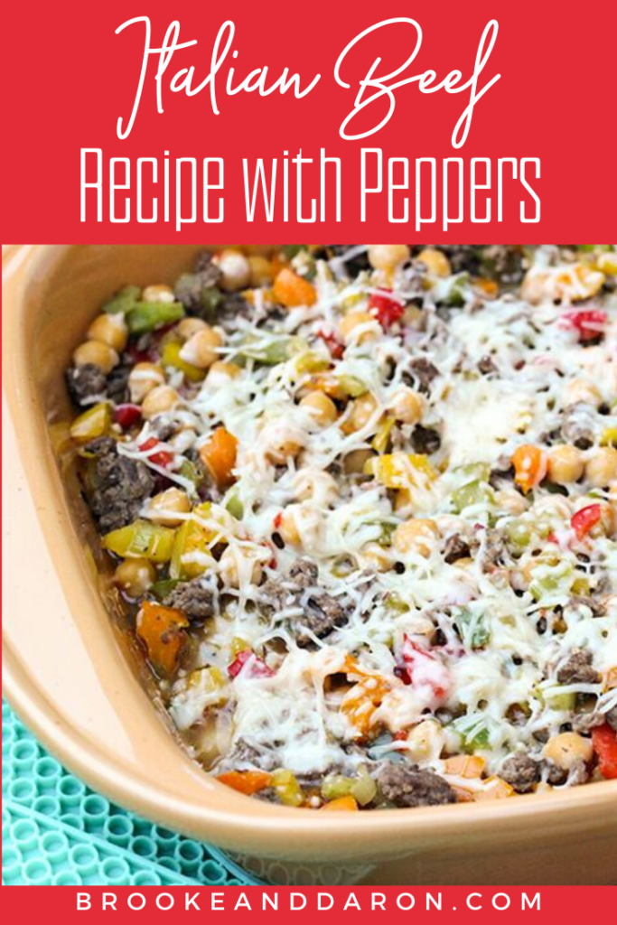 Overhead picture of beef with pepper casserole in a baking dish