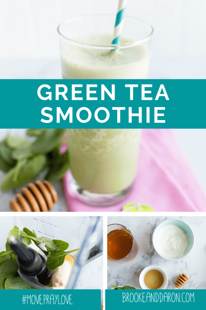 Green tea smoothie in glass and being made