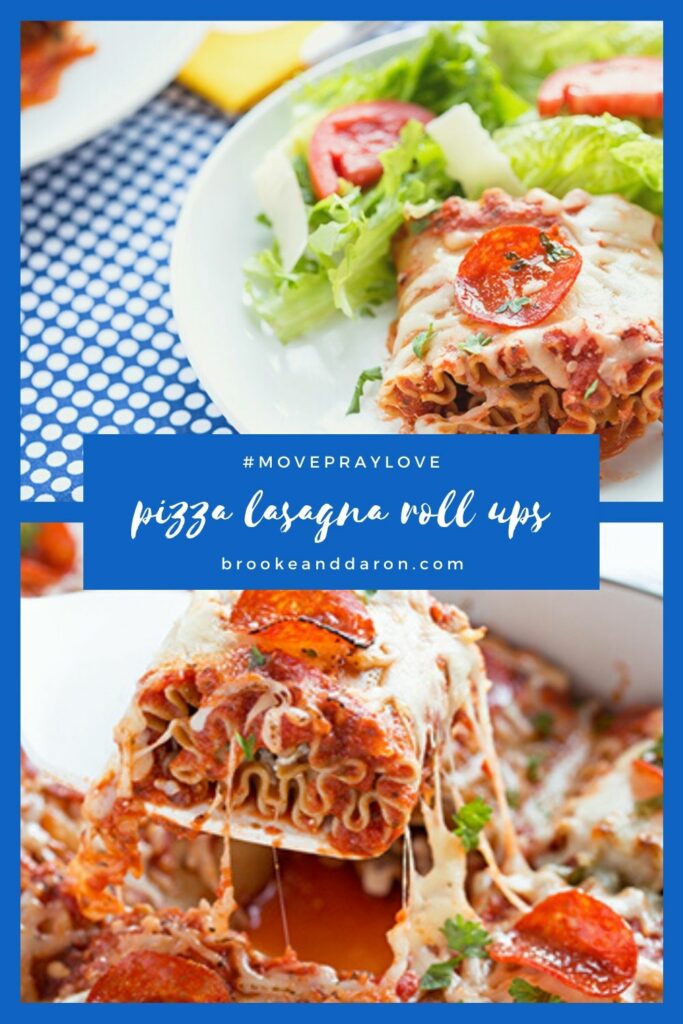 Collage of baked pizza lasagna roll ups