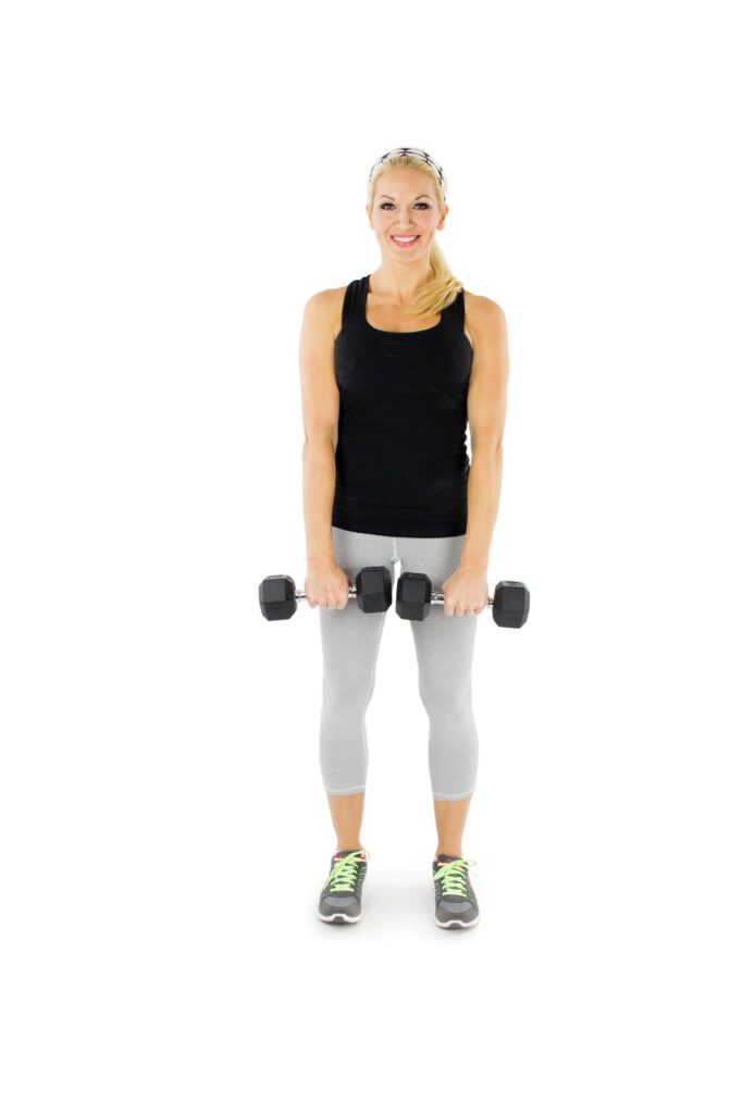 image of woman doing reverse bicep curl with dumbbell for arm workout routine