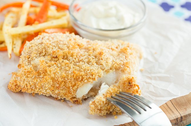 Baked Fish with Chips and Sauce