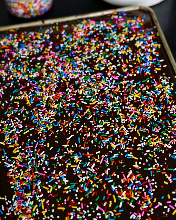 texas sheet cake with sprinkles